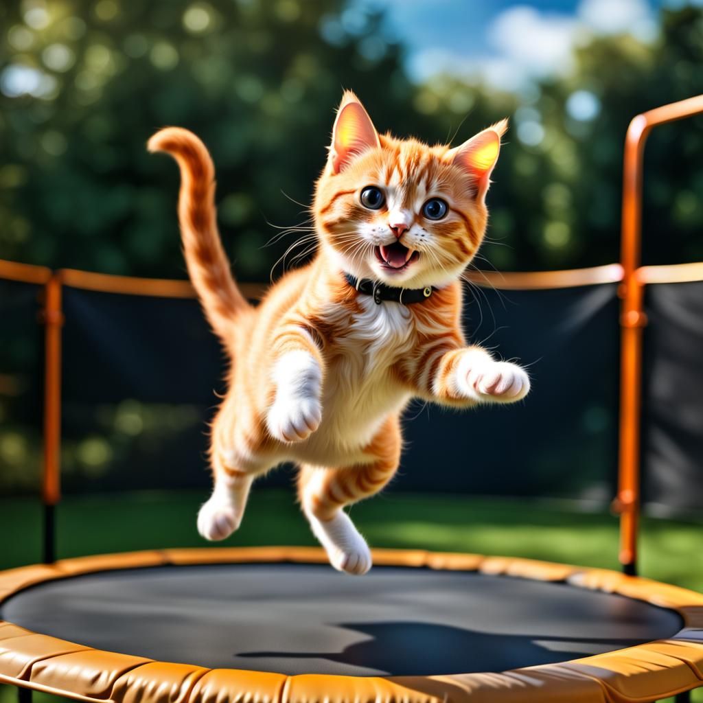 Ginger cat doing trampoline