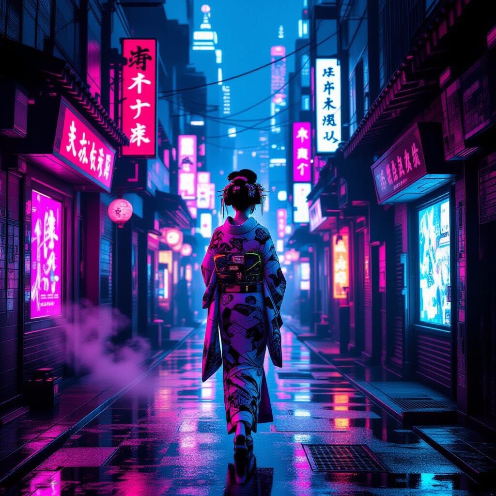 Cyberpunk Geisha in Neon Alleyway
