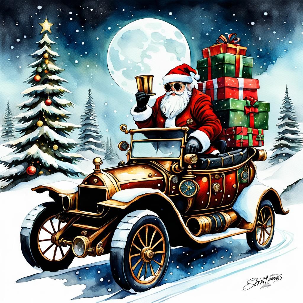 Santa Claus Drives Steampunk Convertible in Winter