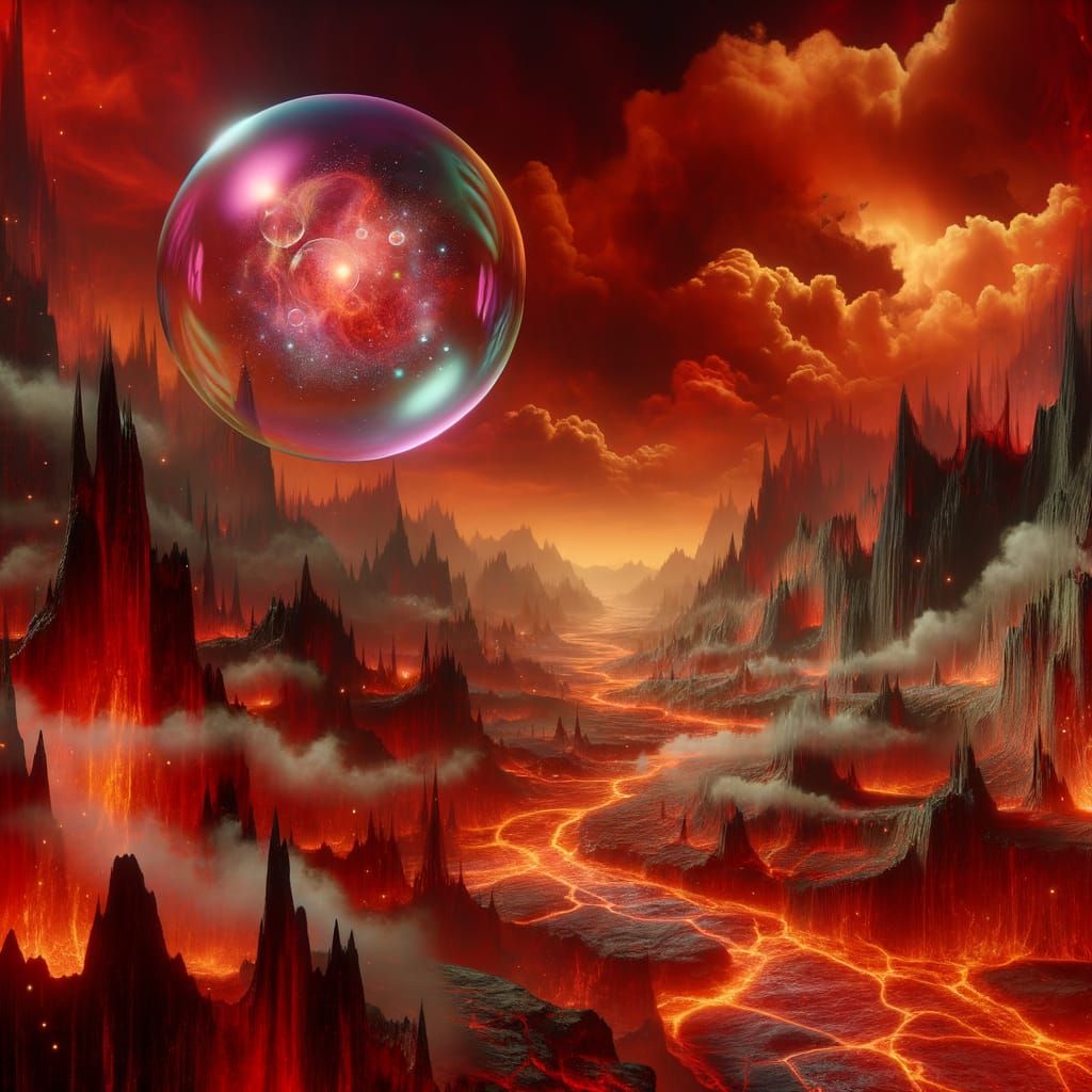 Fiery Demon Realm with Serene Bubble Oasis