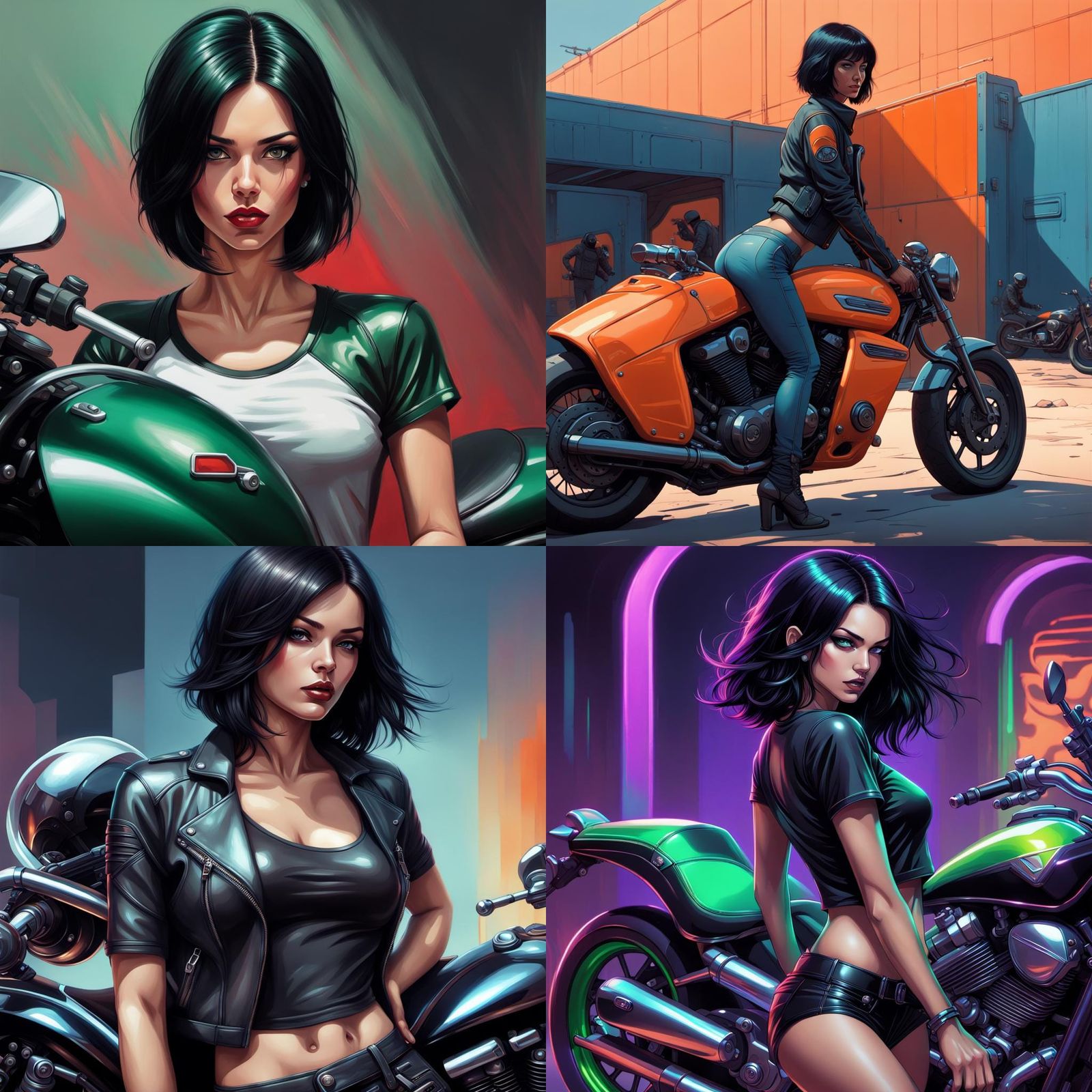 Woman with Bob Hair Leaning on Motorcycle, Detailed Art