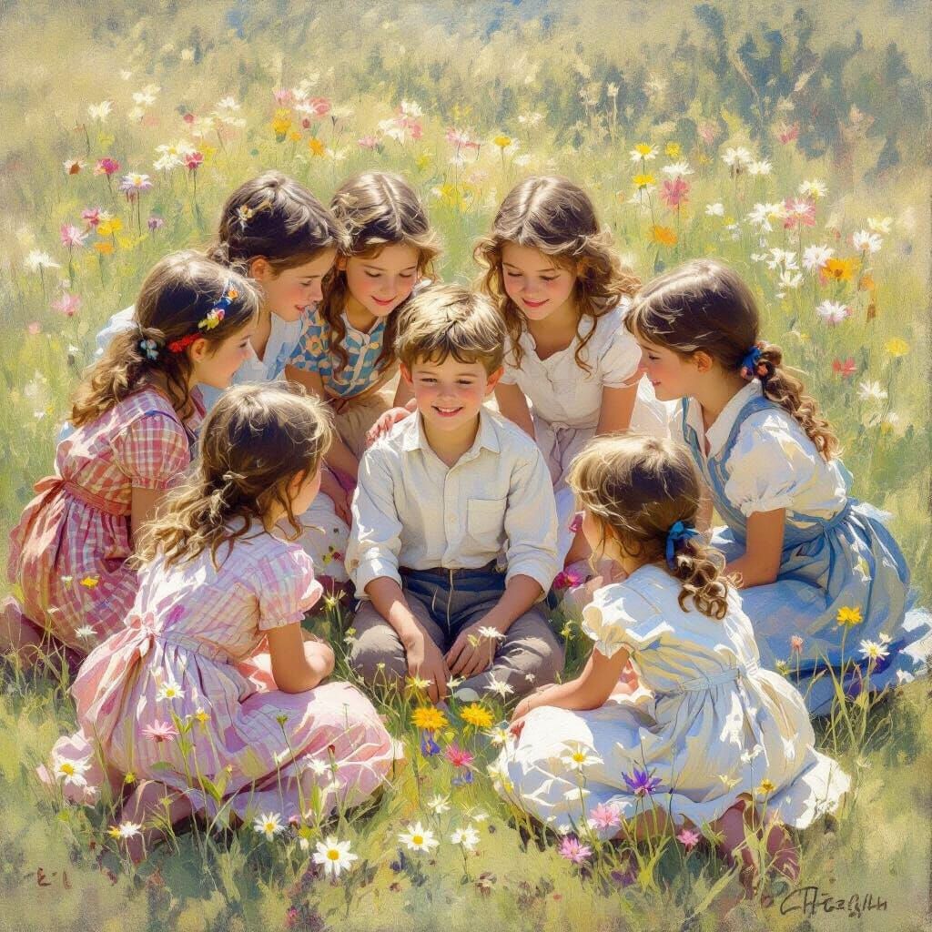 Boy and His Sisters in Sunlit Meadow Oil Painting
