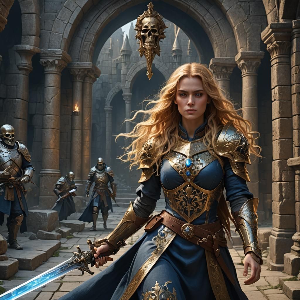 Fantasy Woman Warrior in Stone Dungeon, Digital Art