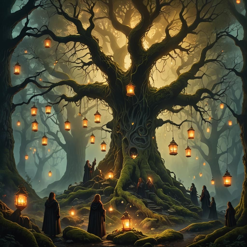 Mysterious Appalachian Coven in Dark Fantasy Folk Art