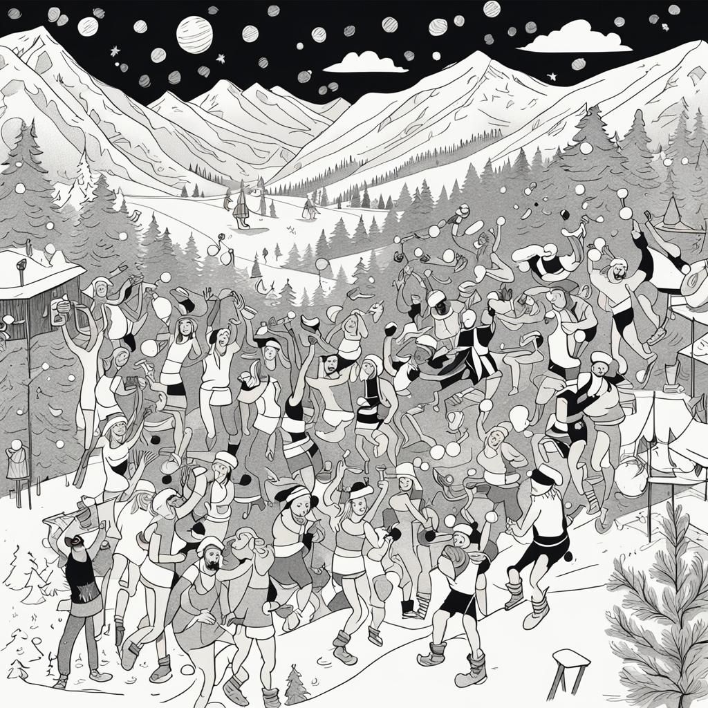 Festive Apres-Ski Party with Santa, Pen and Ink Drawing