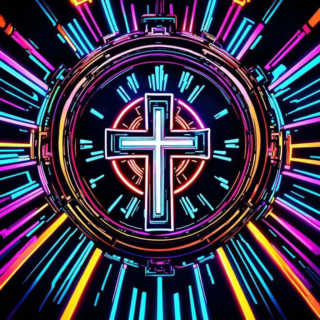 Radiant Neon Cross in Vivid Digital Art Style