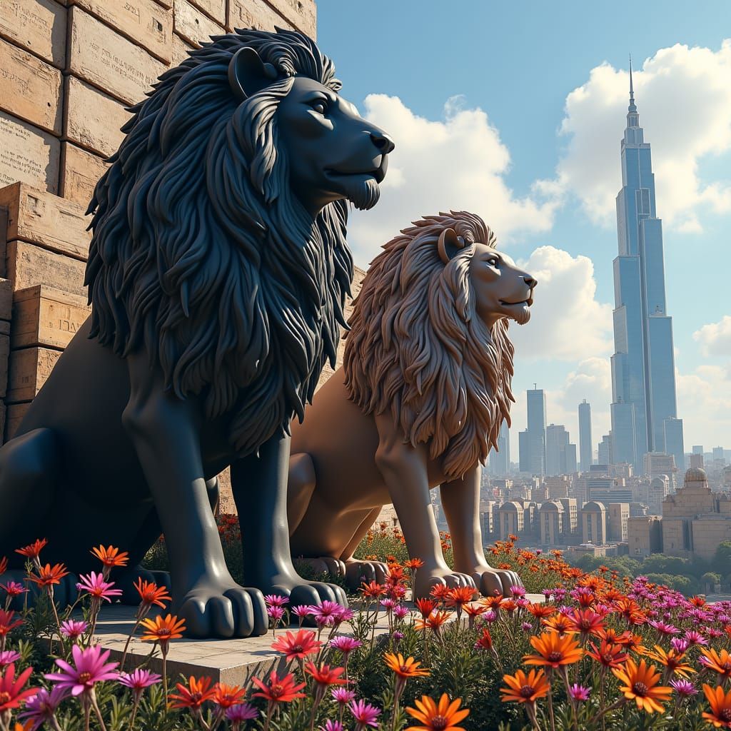 Lions with Flags and Torah Scrolls: Digital Art