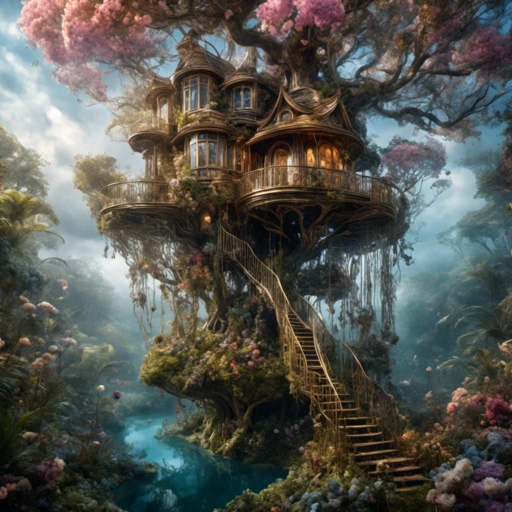 Ethereal Treehouse in Clouds: Gothic Horror Illustration