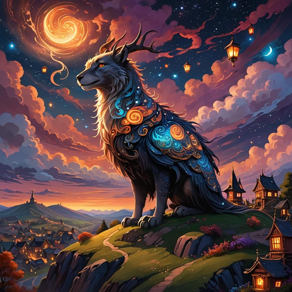 Mystical Creature Overlooking Village in Fantasy Folk Art