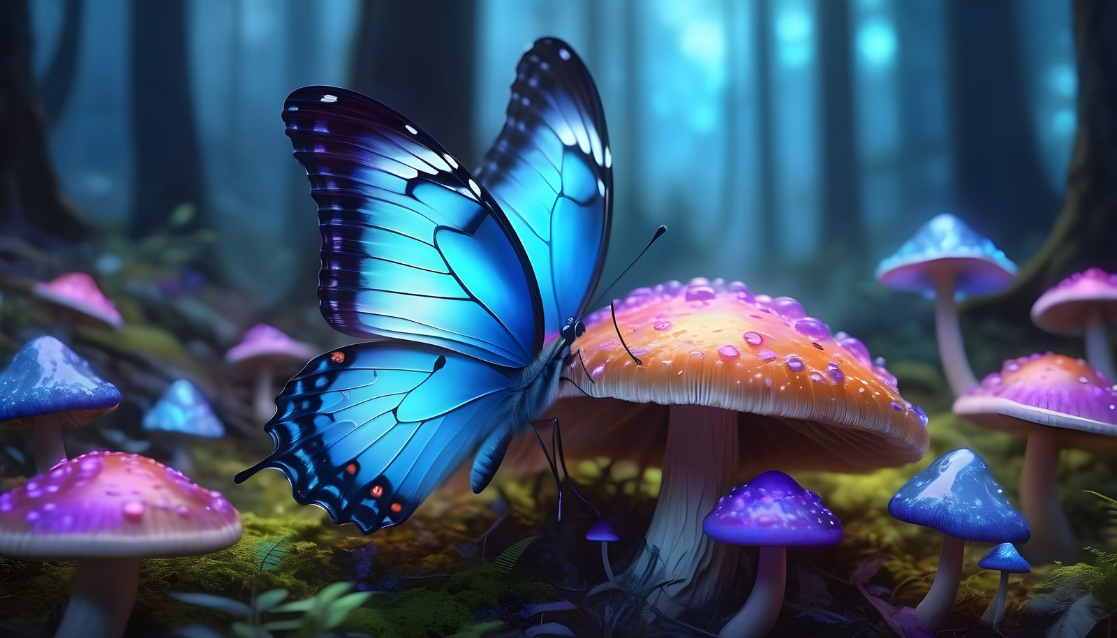 Mystical Neon Butterfly in Enchanted Misty Forest