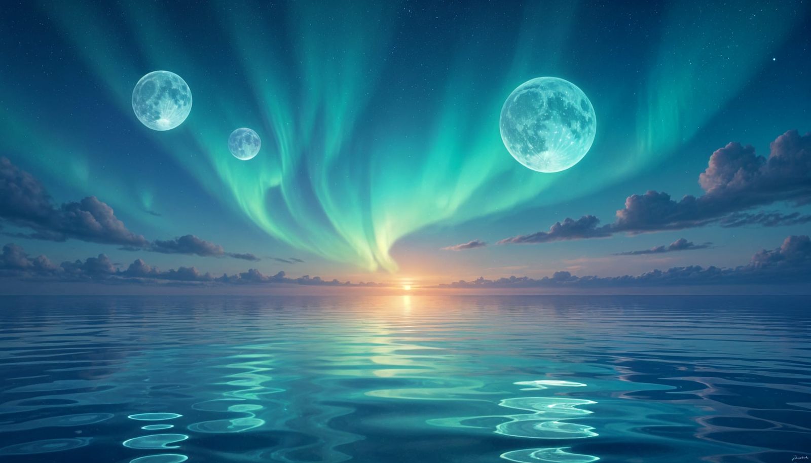 Liquid Aurora Borealis Sea Under Luminous Moons
