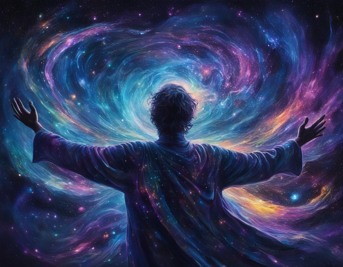 Ethereal Figure Amidst Cosmic Swirls in Space