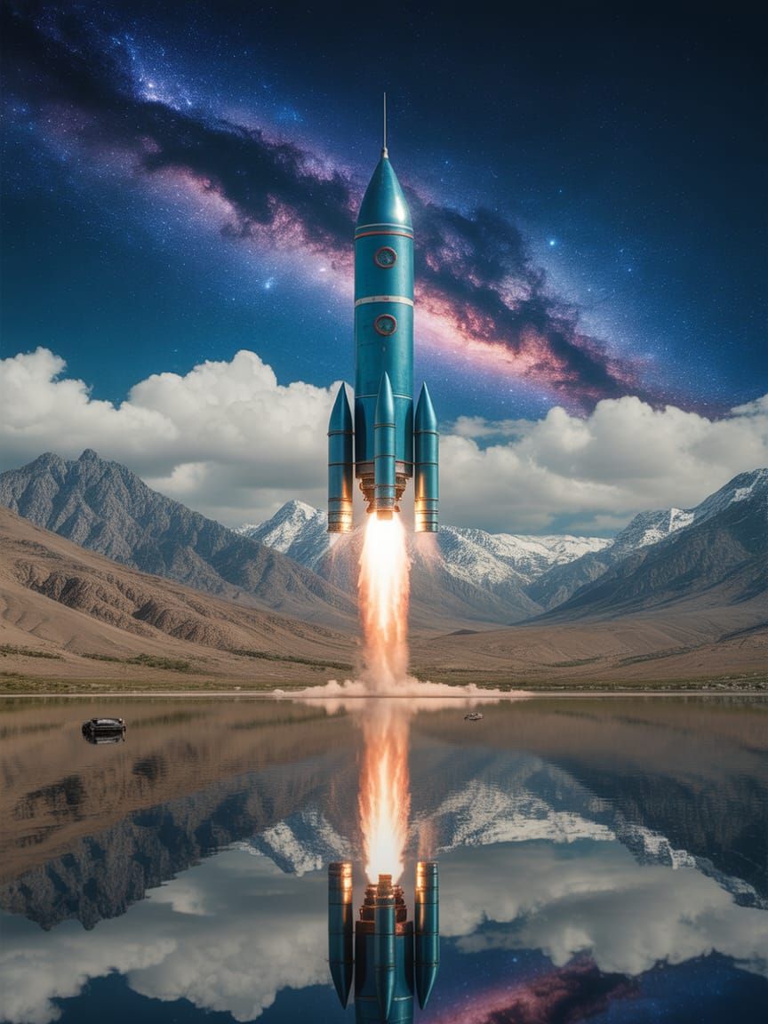 Sci-Fi Rocket Over Reflective Lake in Tajikistan Galaxy Skie...