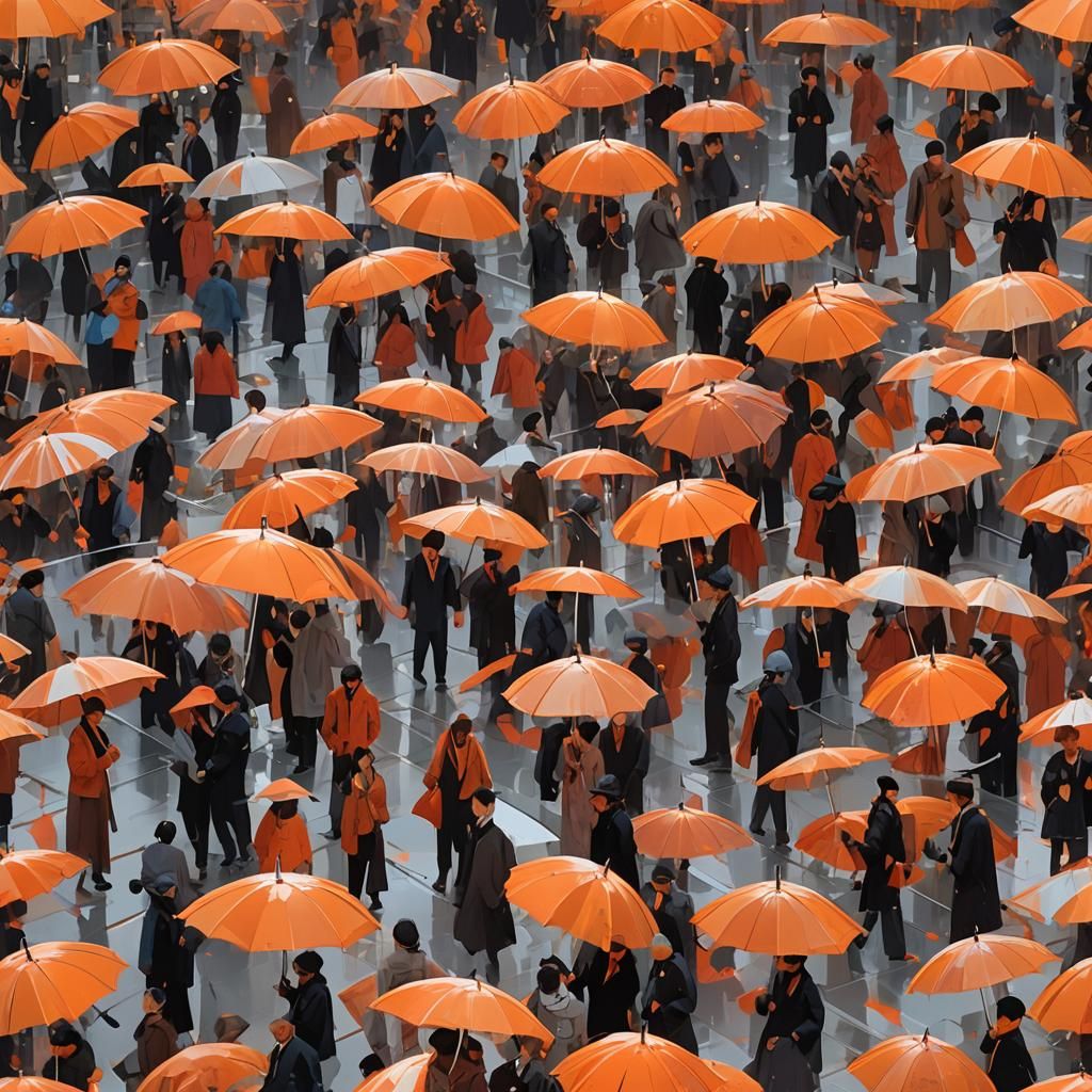 Dynamic Umbrella Dance at Sunset, Futuristic Art Style