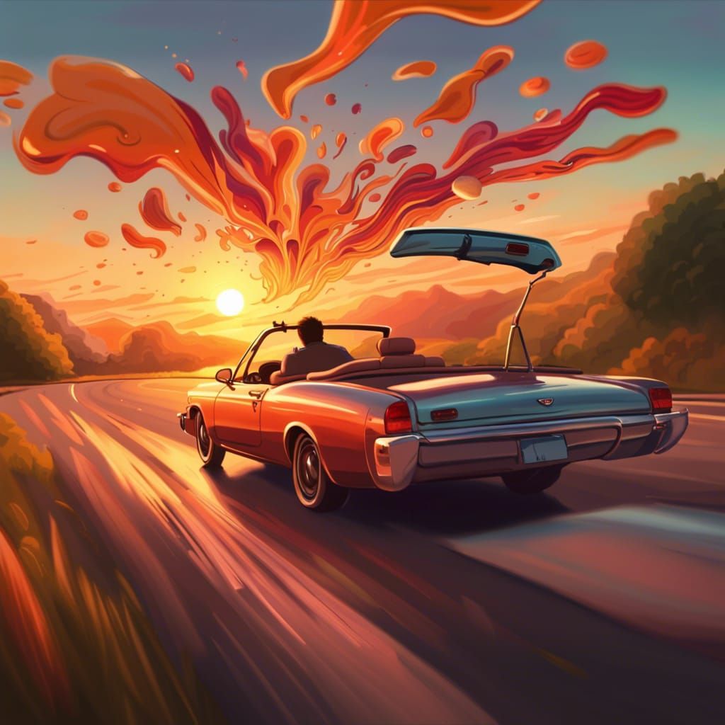Convertible Sunset Drive in Hyperrealistic Cartoon Style