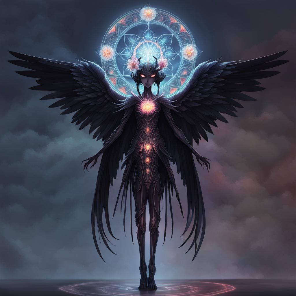 Ethereal Dark Angel in Sacred Geometry Halo