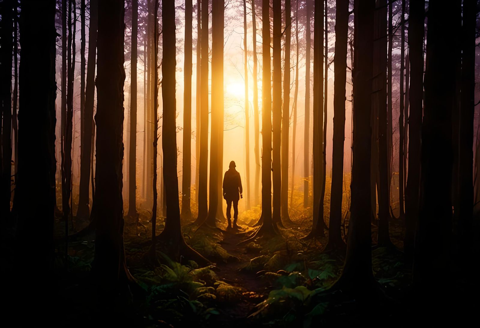 Ominous Figure in Forest at Golden Sunrise