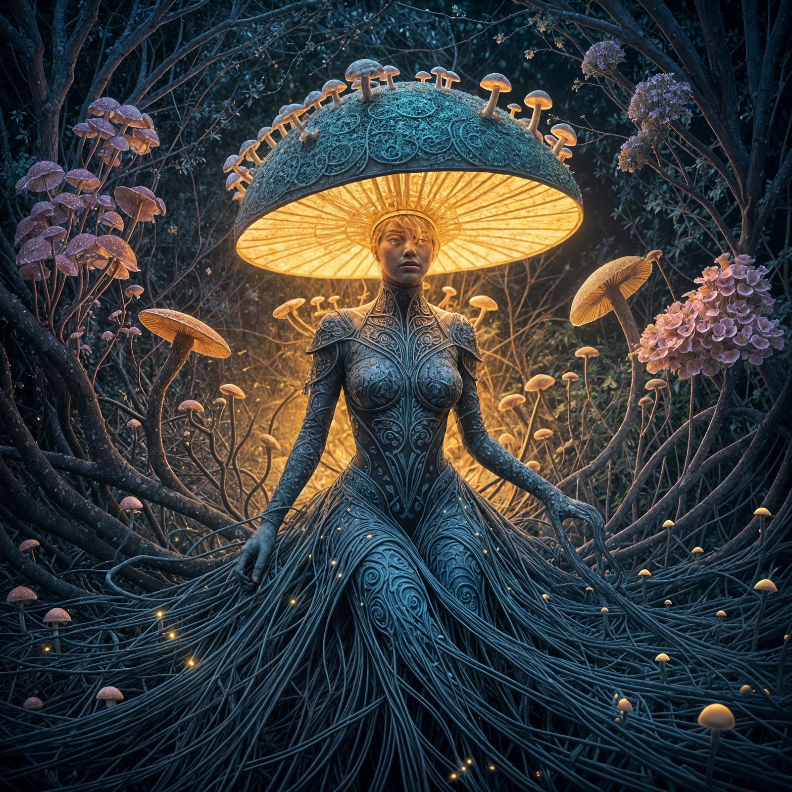 Bioluminescent Mushroom Woman Portrait in Dark Fantasy Style