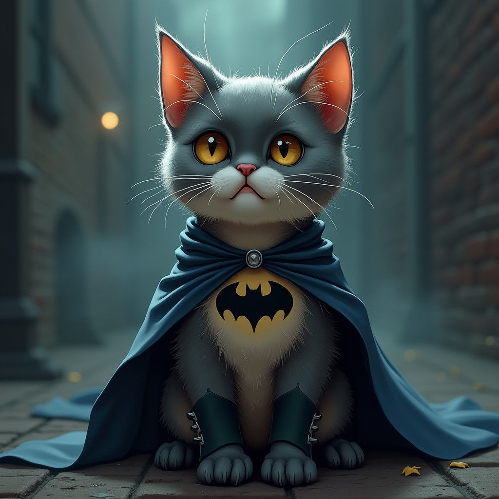 Cat in Batman Costume in Gotham, Graphic Novel Art