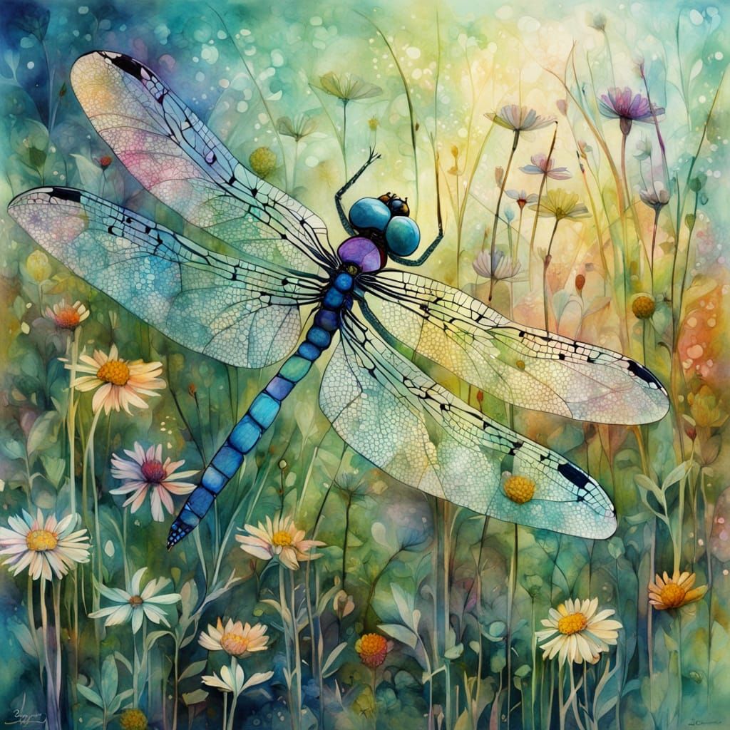 Fine and elegant translucent dragonfly in a wildflower meadow