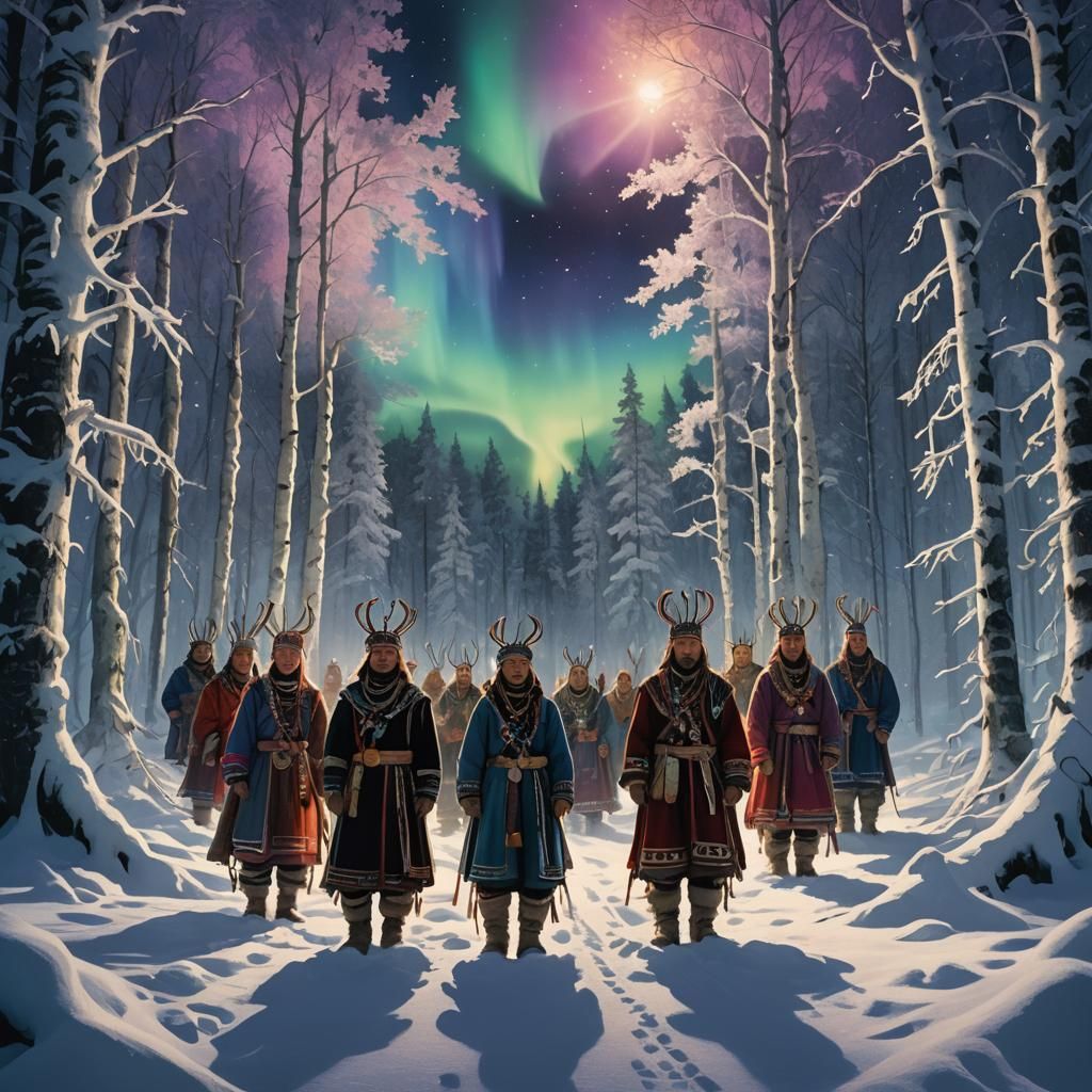 Sami People in Snowy Forest Under Aurora