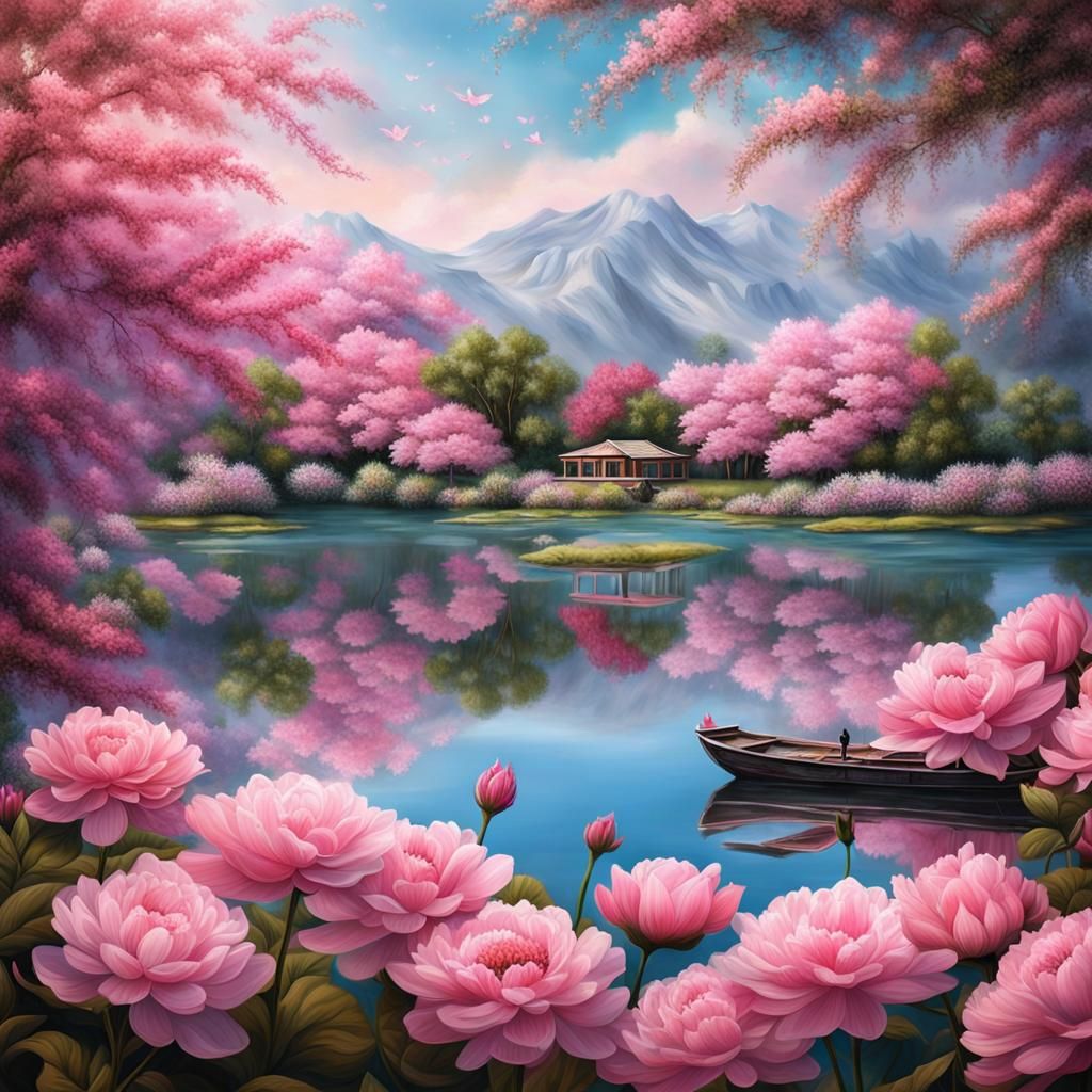 Tranquil Lake with Pink Flowers in Hyperrealistic Style