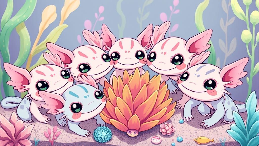 Chibi Axolotls Gather Around Vibrant Aquatic Plant
