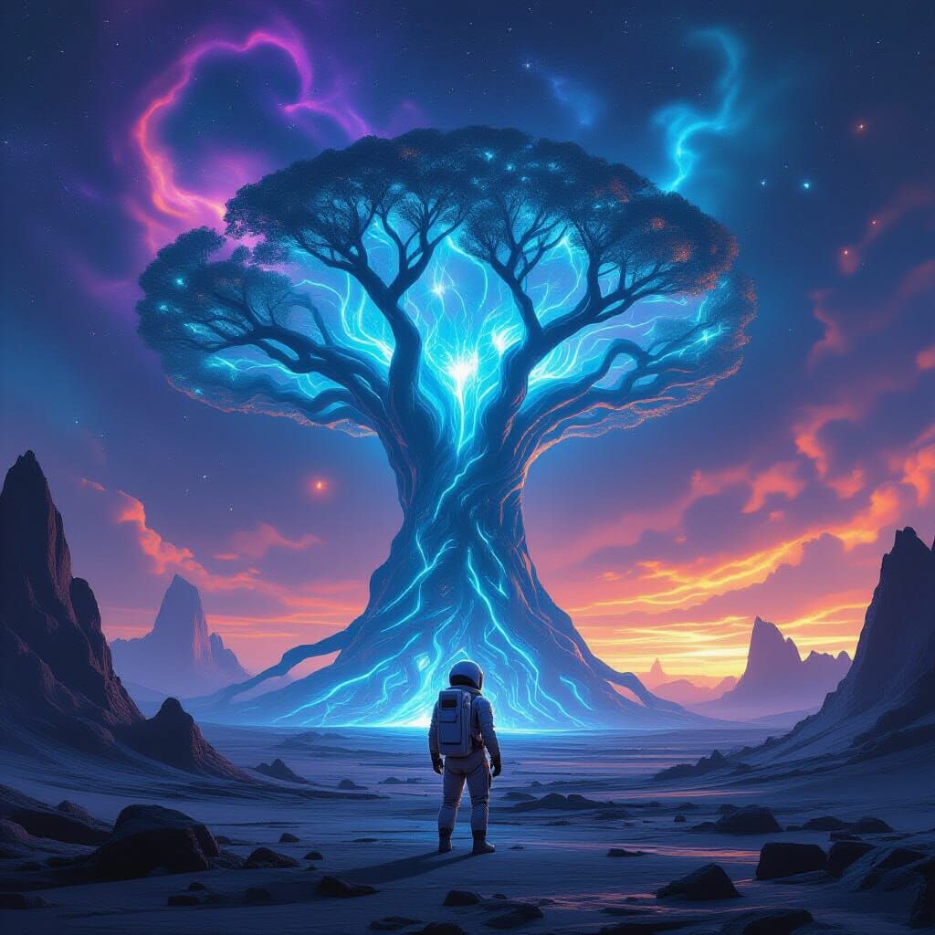 Astronaut Gazes at Bioluminescent Alien Tree on Cosmic Plane...