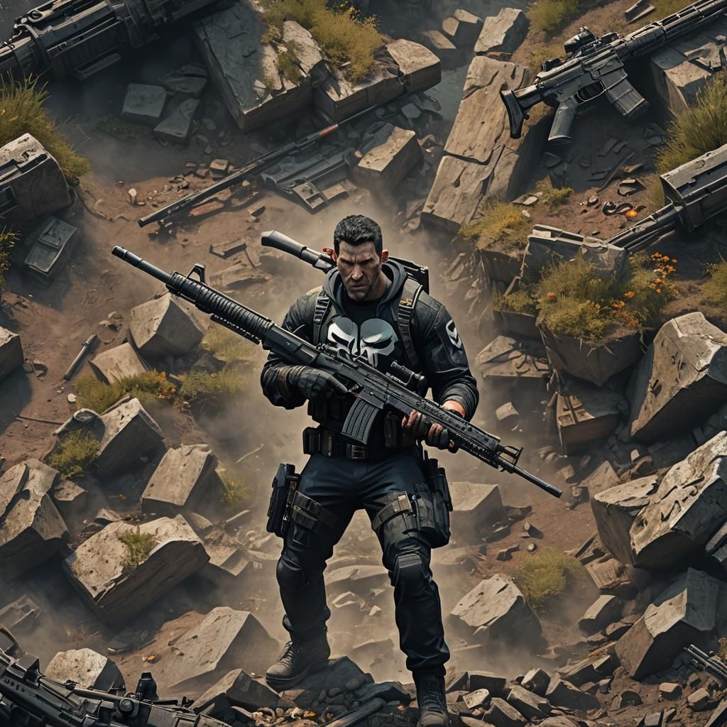 The Punisher with Rifle: Detailed Matte Painting