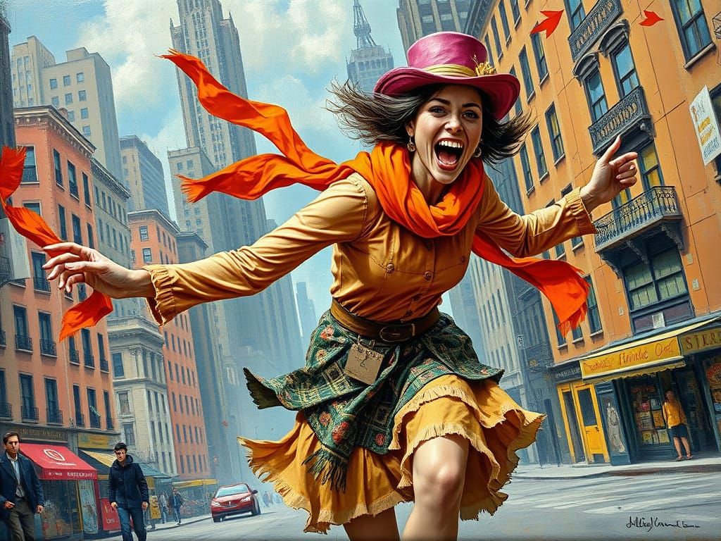 Woman in Frenzied Chase Through Distorted Cityscape