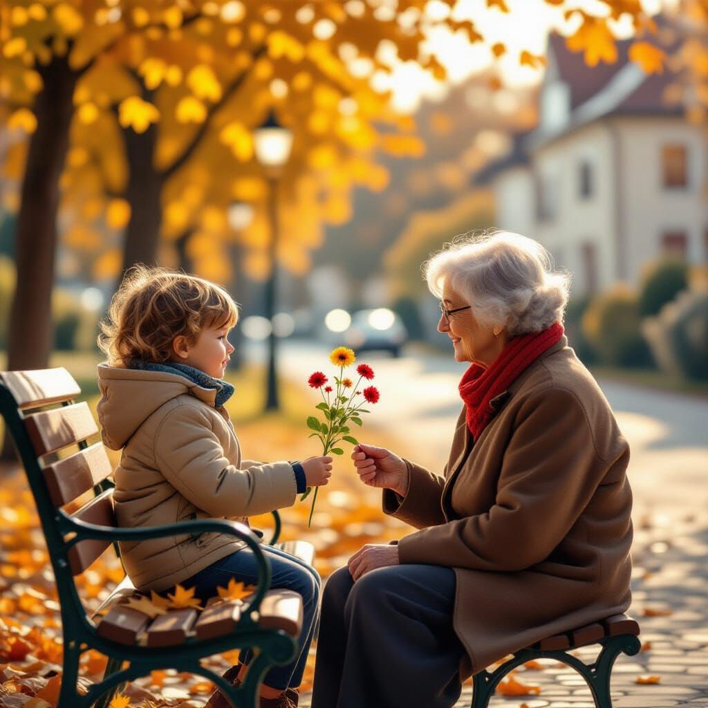 Child Offers Flower to Elderly Person in Park
