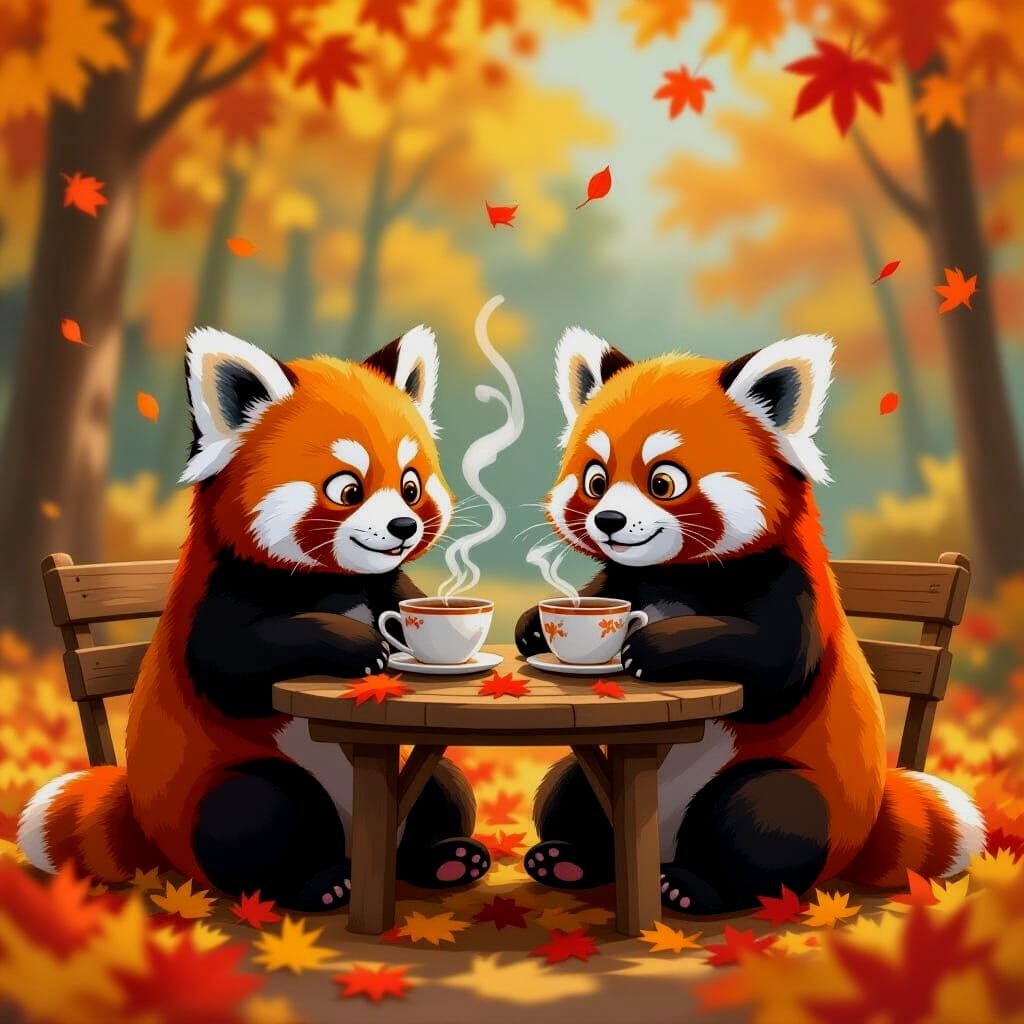 Two Red Pandas Enjoy Tea in Autumn