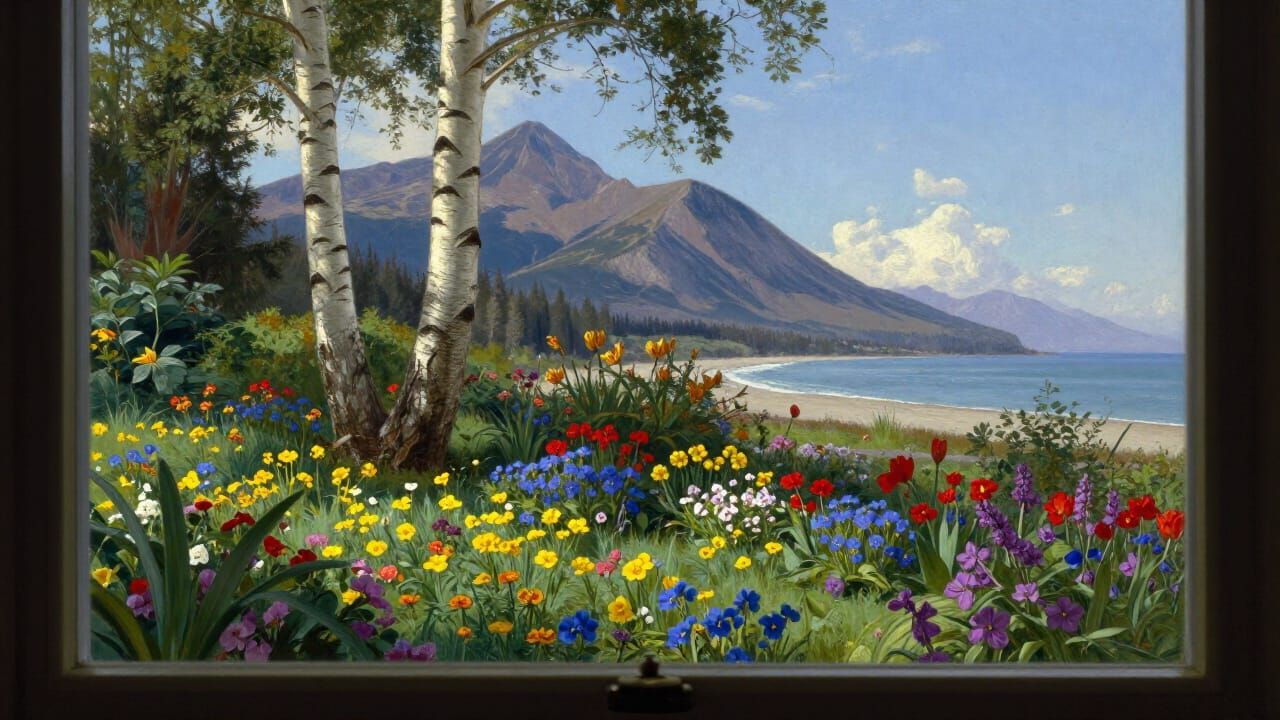 Window View: Garden, Mountains, and Seashore in Romantic Sty...