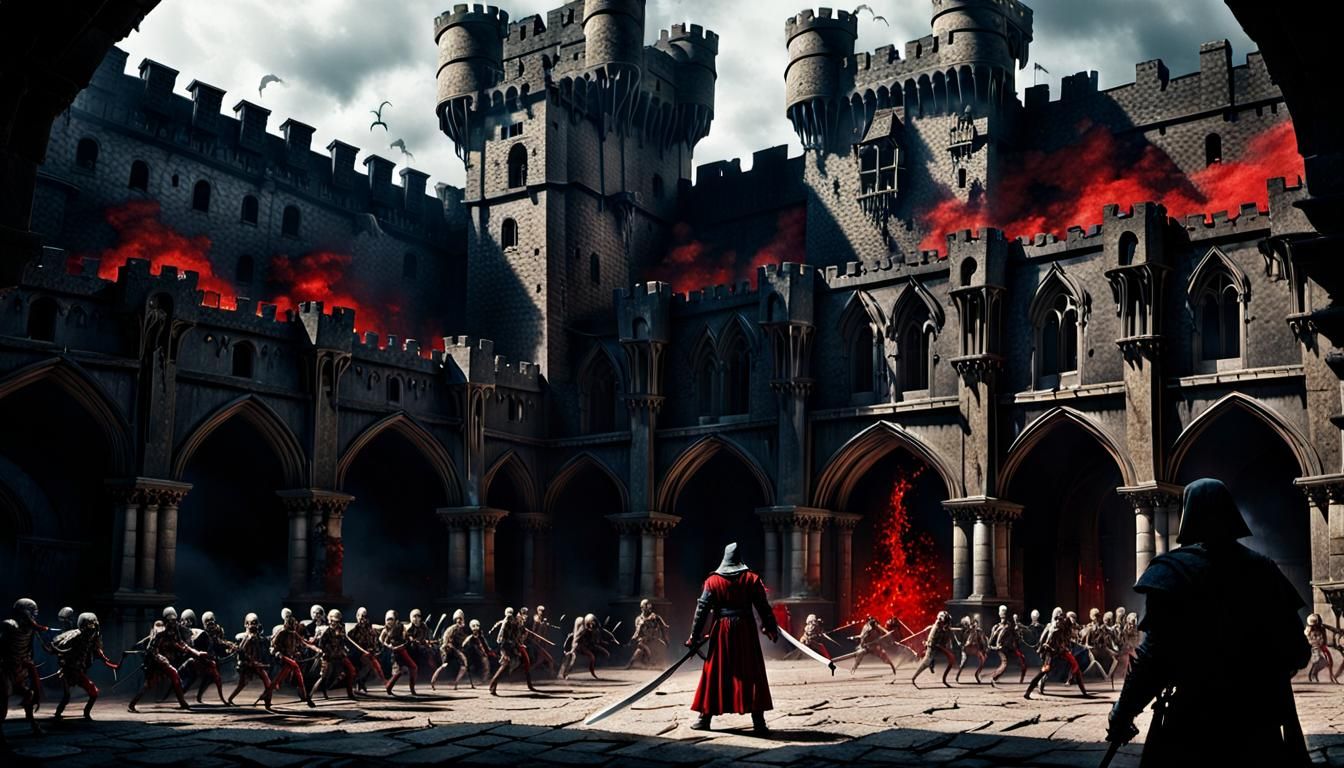 Interior of a castle courtyard, standing in the middle is a ...