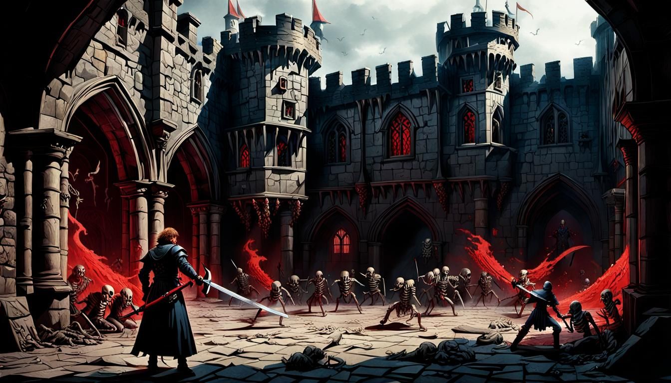 Interior of a castle courtyard, standing in the middle is a ...