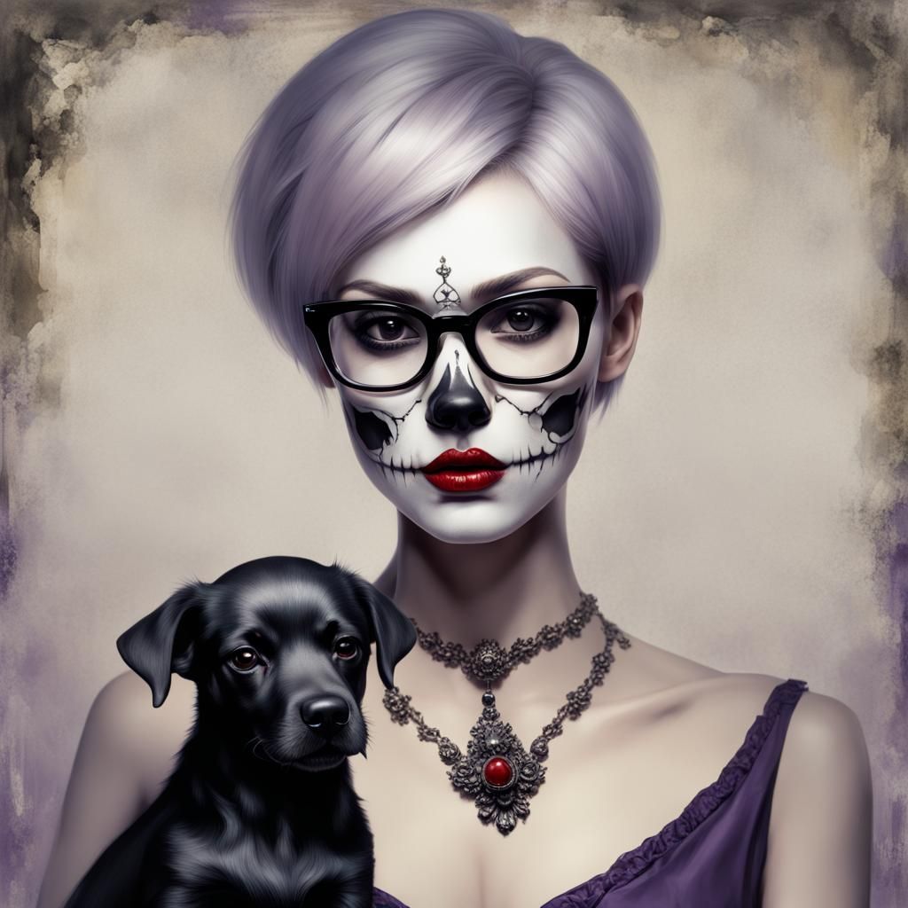 Sinister Woman with Skull Face Paint and Dog