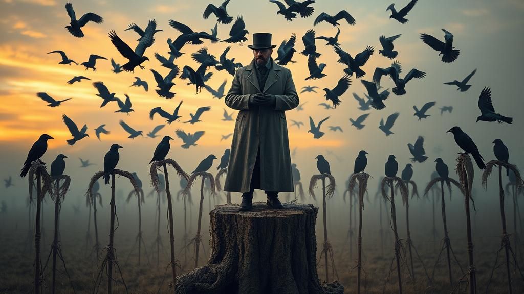 Surreal Politician Addresses Scarecrows at Dusk