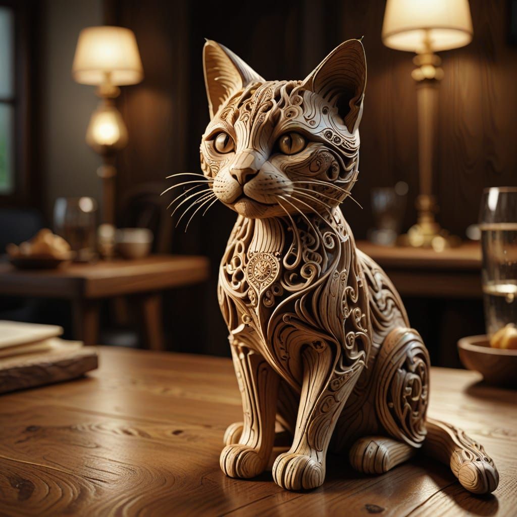 Intricate Wooden Cat Sculpture: Realistic Digital Art