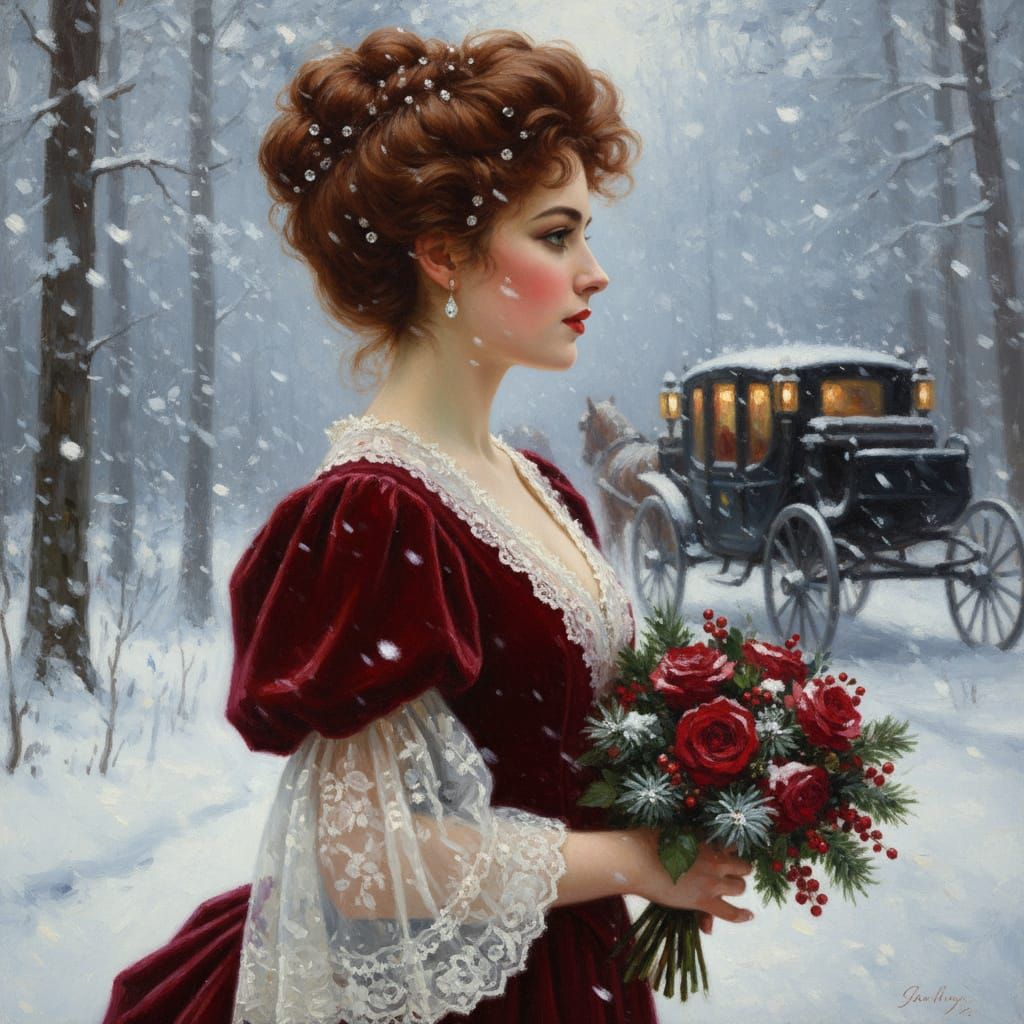 Victorian Woman in Red Gown with Roses, Oil Painting Style
