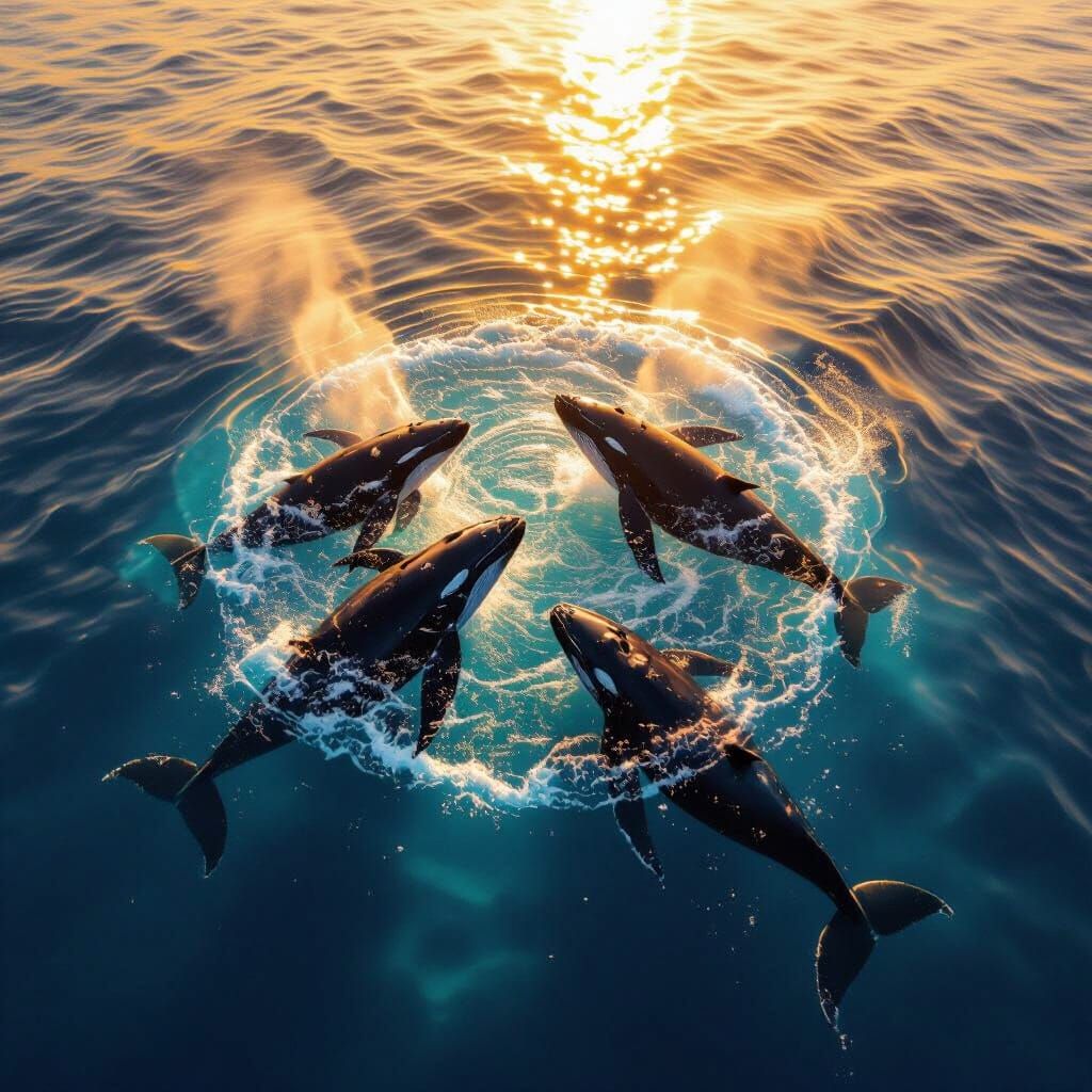 Humpback Whales Bubble Net in Golden Light, Aerial View