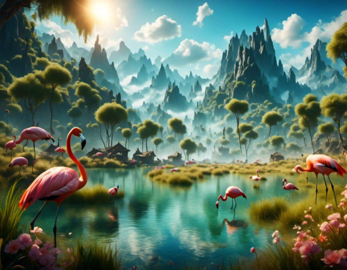 Flamingos in Lagoon at Sunrise: Hyperrealistic Spring Scene