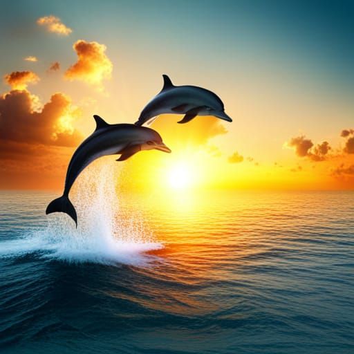 Dolphins Dance: A Sunset Symphony in Digital Art