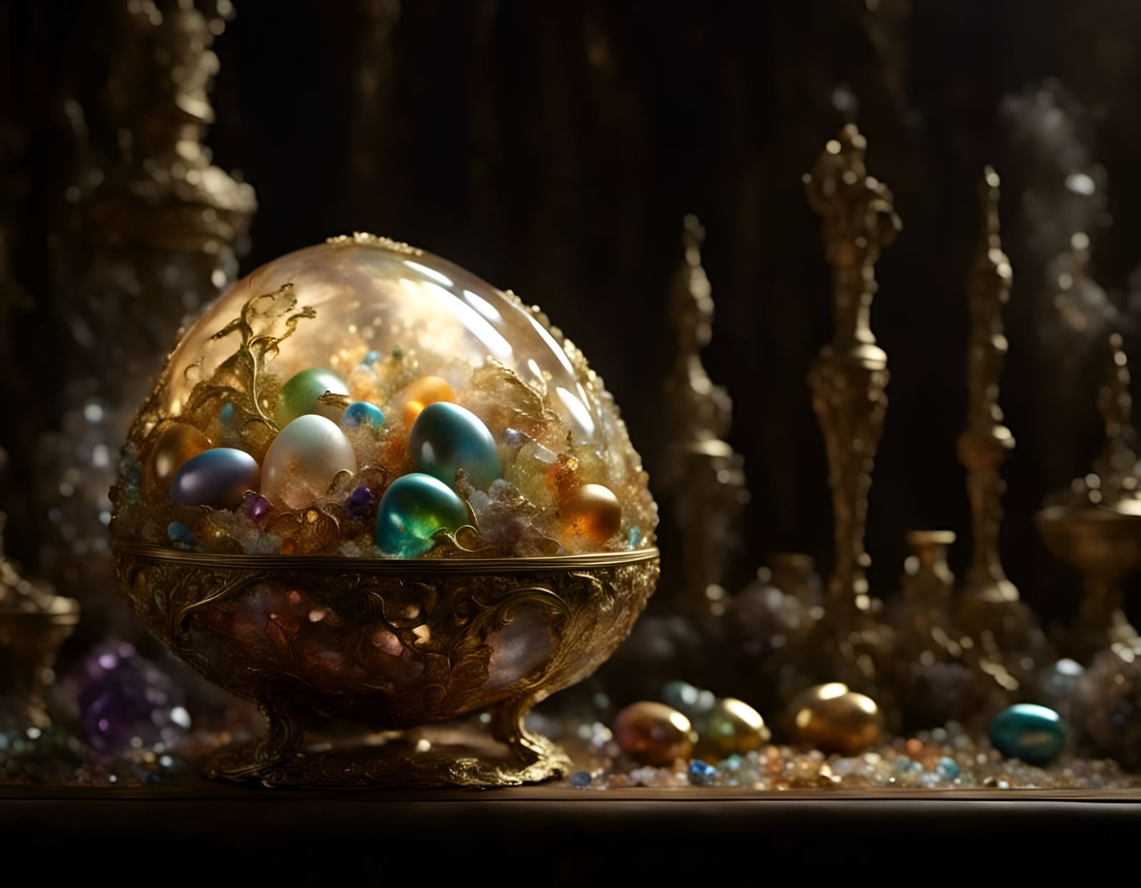 Decorated Jeweled Eggs in Gold Bowl, Digital Art
