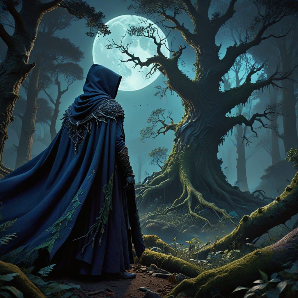 Shadowy Figure in Ancient Twilight Forest
