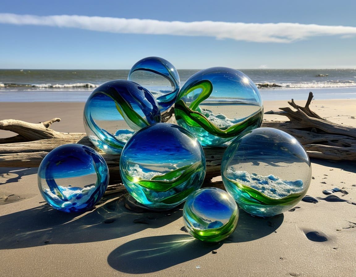 Surreal Coastal Scene with Antique Glass Floats and Seaweed