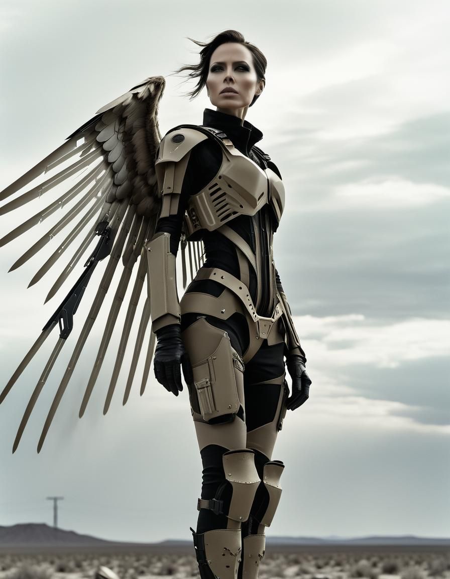 Body portrait of a female exoskeleton enticing stunning alluring body with 45-degree angle wicked wings and beautiful su...