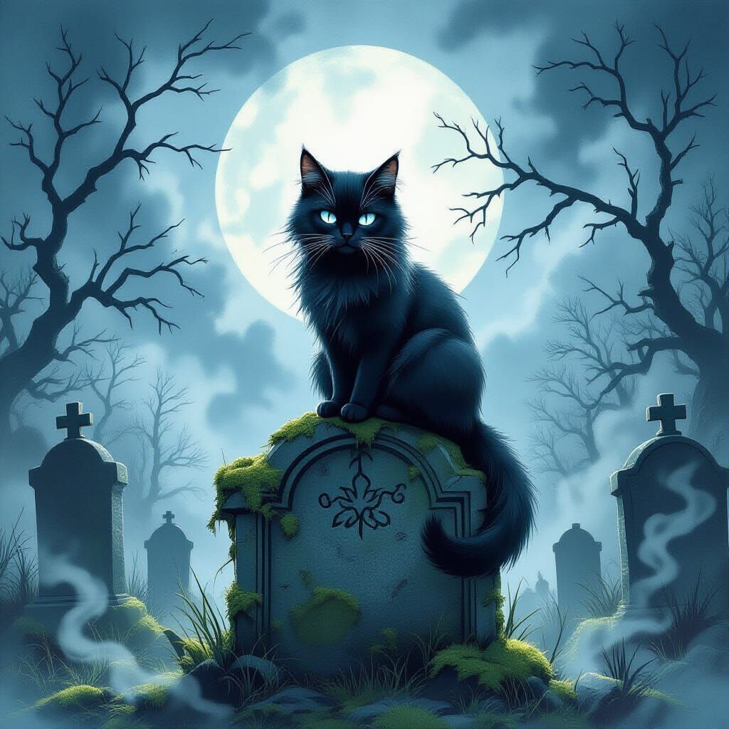 Melancholic Cat on Tombstone in Misty Graveyard