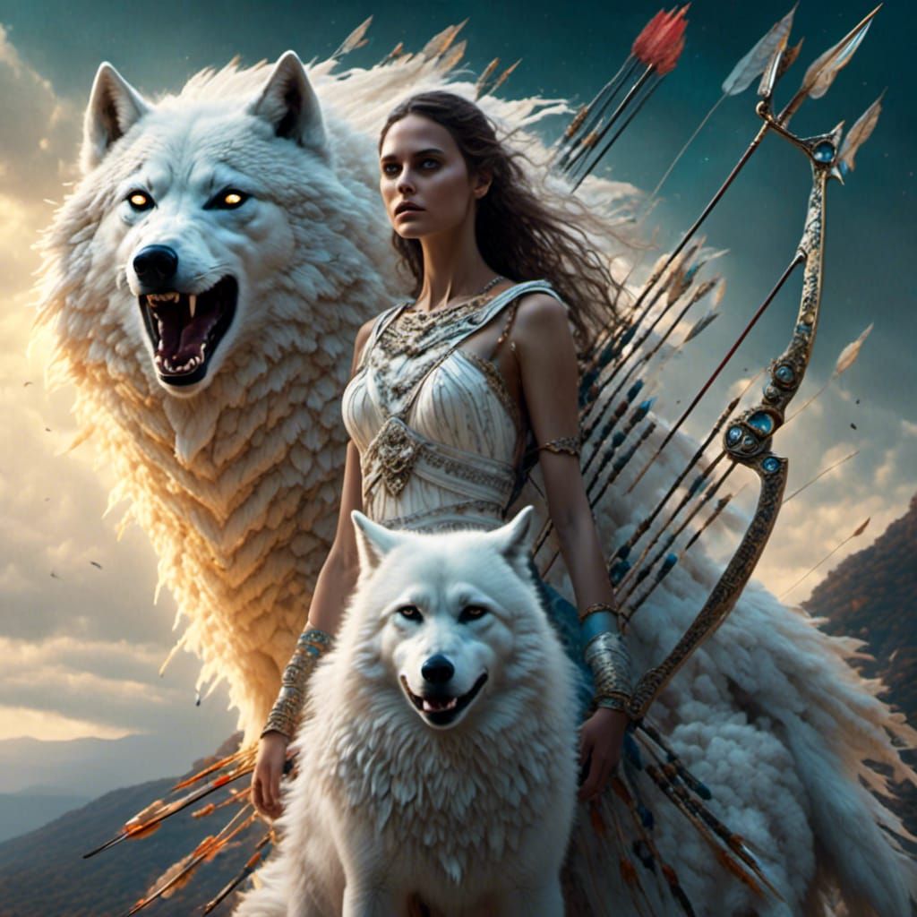 Greek Archer with Wolf on Windswept Hillside