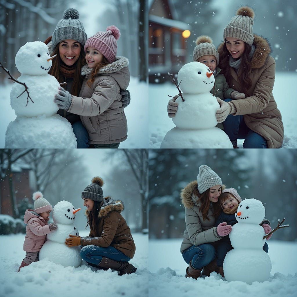 Mother and Daughter Build Snowman in Winter Storm