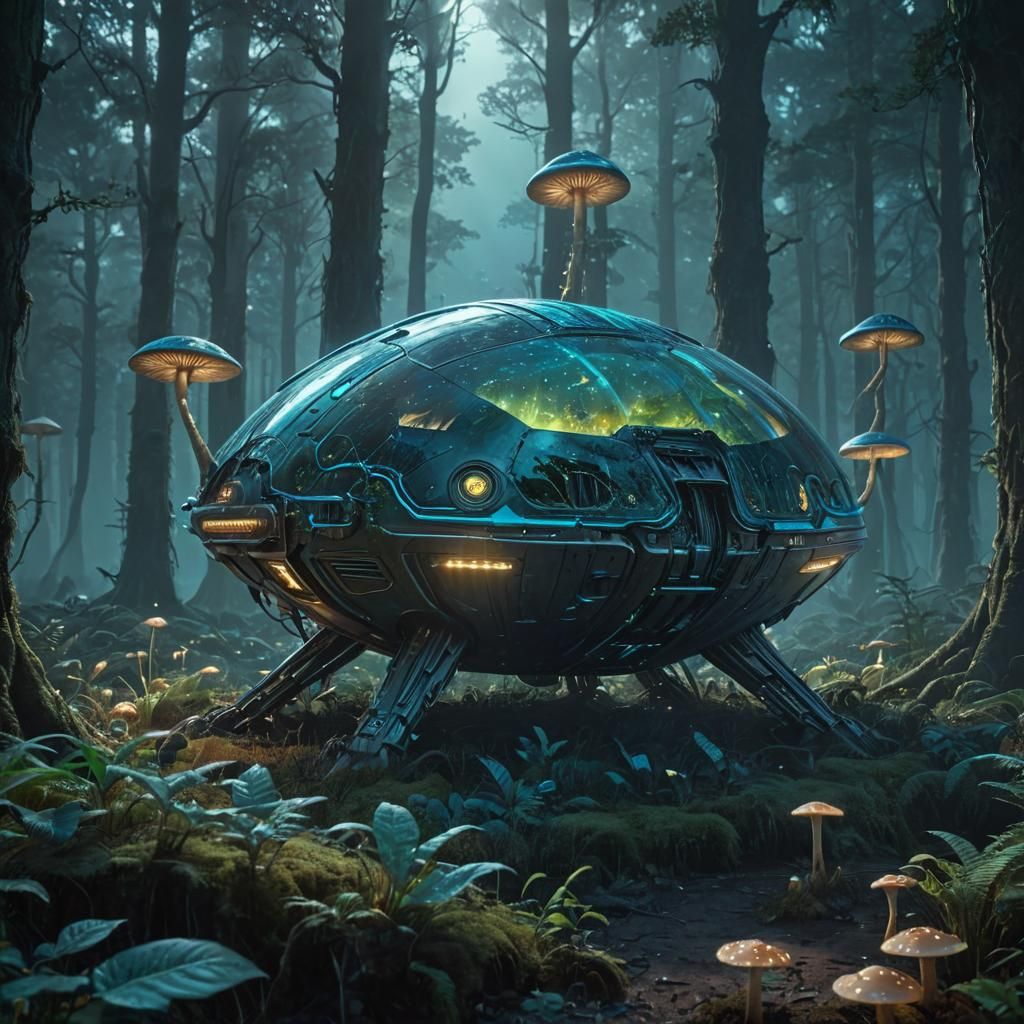 Alien Spacecraft in Bioluminescent Forest: Surreal Digital A...